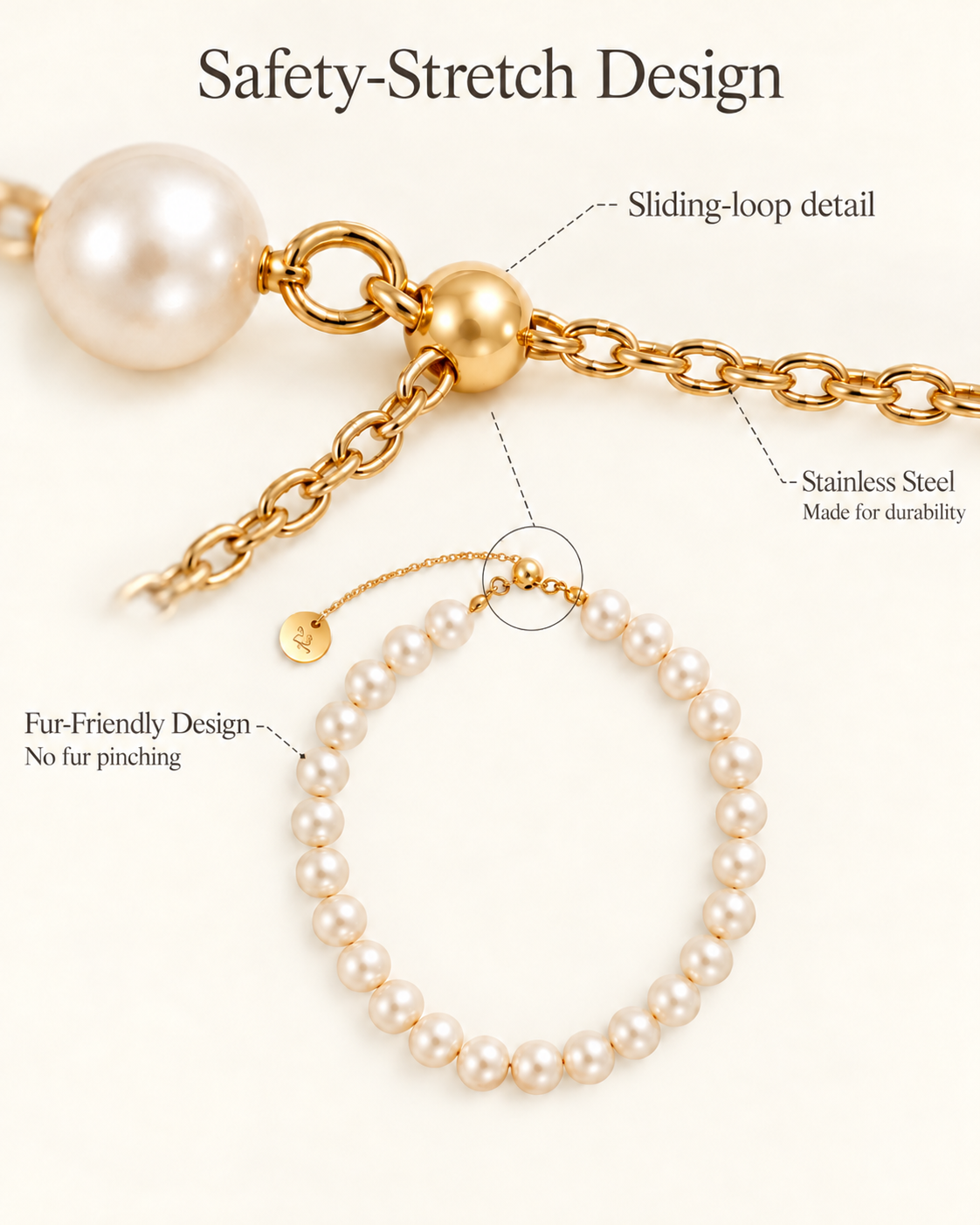 Faux pearl cat necklace details: safety-stretch design, sliding-loop clasp and fur-friendly finish