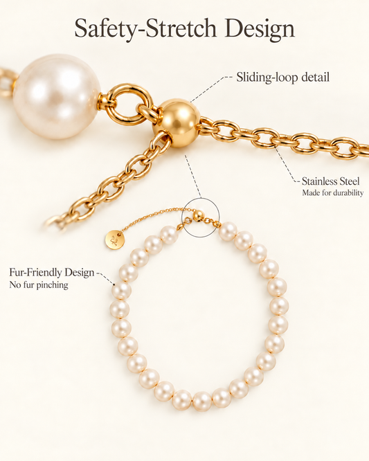 Faux pearl cat necklace details: safety-stretch design, sliding-loop clasp and fur-friendly finish