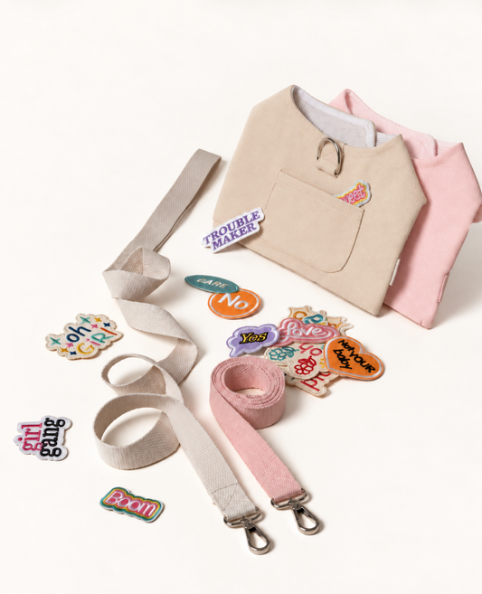 Beige and pink cat harness sets with matching leashes and assorted patches