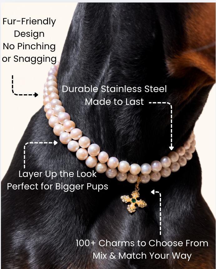 Doberman in a layered freshwater pearl necklace: fur-friendly, durable stainless steel, 100+ charms to choose from