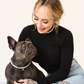 Woman and her French bulldog wearing matching freshwater pearl necklaces