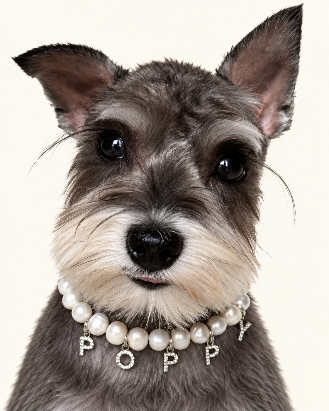 Schnauzer wearing a freshwater pearl necklace with letter charms spelling POPPY