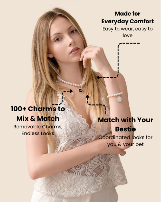 Woman wearing a faux pearl necklace and bracelet: made for everyday comfort, 100+ charms to mix and match, match with your bestie